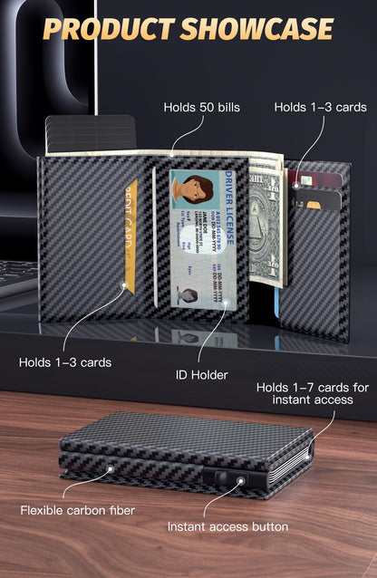 FIYUM Wallet for Men, Minimalist Wallets with Cash Pocket & 9-13 Cards, ID Window Metal Case Smart Slim Pop Up Credit Card Holder Flip with Magnetic Closure RFID Blocking Trifold Wallet with Gift Box