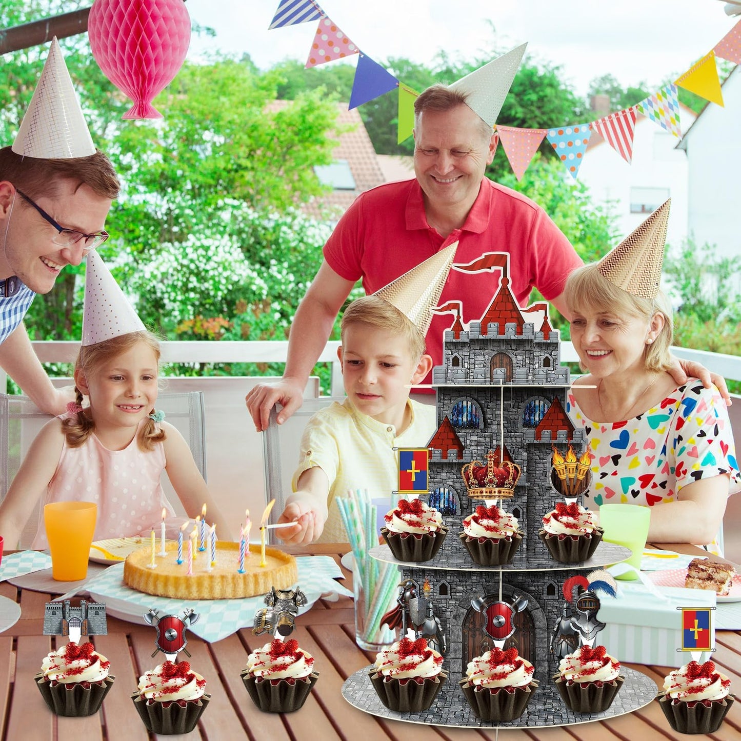 3 Tier Medieval Castle Cupcake Stand Decor with 24 Cake Toppers Knight Birthday Party Decorations Medieval Theme Dessert Cardboard Stand Tower Castle Cupcake Holder for Boys Baby Shower Supplies
