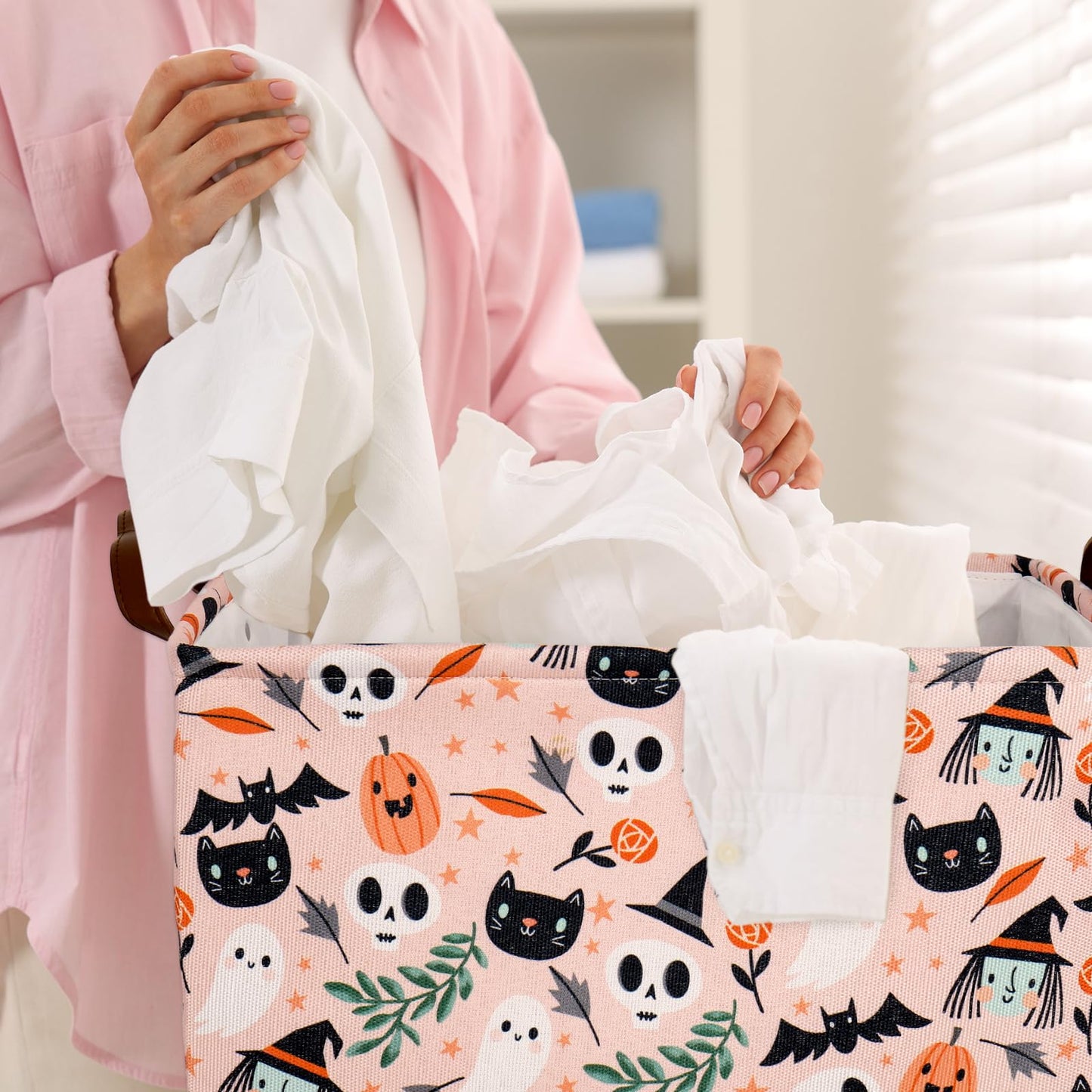 JarThenaAMCS 2Pcs Halloween Storage Basket with Handles Spooky Pumpkin Ghost Black Cat Cube Storage Bin Foldable Fabric Container Organizer Box for Home Office Dorm Closet Shelf Toy
