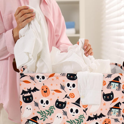 JarThenaAMCS 2Pcs Halloween Storage Basket with Handles Spooky Pumpkin Ghost Black Cat Cube Storage Bin Foldable Fabric Container Organizer Box for Home Office Dorm Closet Shelf Toy