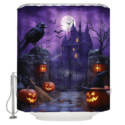 UPUMKSK Purple Haunted Castle Halloween Shower Curtain
