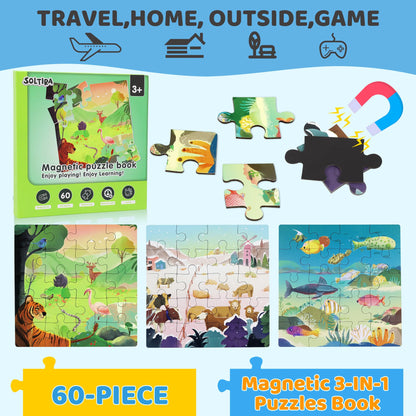 Magnetic Puzzles for Toddlers 3-5 60PCS-3 Animal Themes Magnetic Puzzles for Kids 4-6 Travel Puzzle for Airplane/Car/Road Trip/Gift Toys for 3 4 5 6 7 8 Girls and Boys