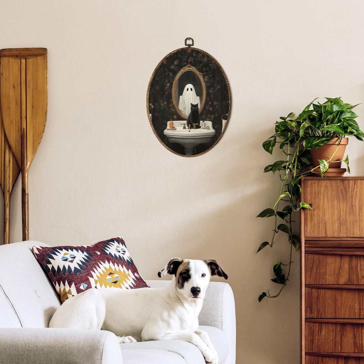 OINDADE Halloween Ghost Bathroom Oval Wall Art Decor, Fall Spooky Ghost Wall Art Hanging Decor, Halloween Fall Season Gothic Black Cat Framed Canvas Artwork for Bathroom Washroom Toilet, 8.8x11.5in