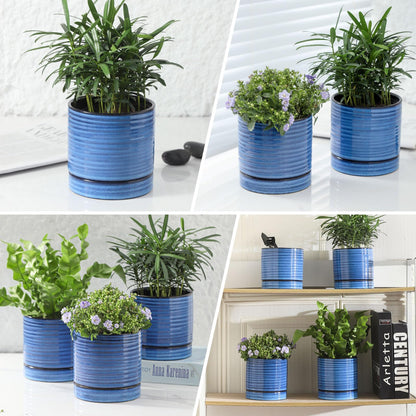 HASENSE Ceramic Plant Pots with Saucers Set of 4, 4.6 Inch Planters for Indoor Plants with Drainage Holes,Blue Flower Pots for Snake Plants & Cactus, Modern Farmhouse Windowsill & Tabletop Decor