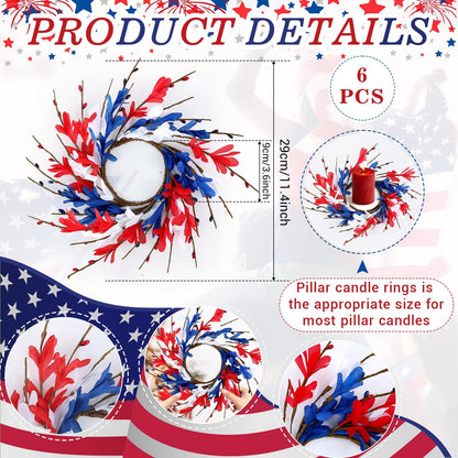6 PCS Patriotic American Candle Rings Wreaths 4th of July Red White and Blue Floral Candle Rings Holder with Forsythia Flowers Mini Independence Day Wreath for Party Home Table Centerpiece Decor