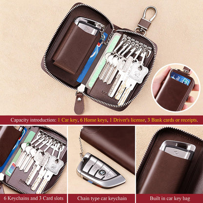 Teisson Car Key Case for Men and Women, Black Genuine Leather Card Holder Wallet Keys Pouch Organizer Bag with 6 Keychain Hooks, 3 Cards Slot (Black w/keychain)