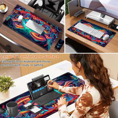 Heated Mouse Pad for Desk 31.5" x 13" – PU Leather Warm Desk Pad with 3 Heat Levels (104°F/113°F/122°F), Plug-in Electric Heating Mat with Auto Shut-Off, Waterproof & Rollable, Mushrooms