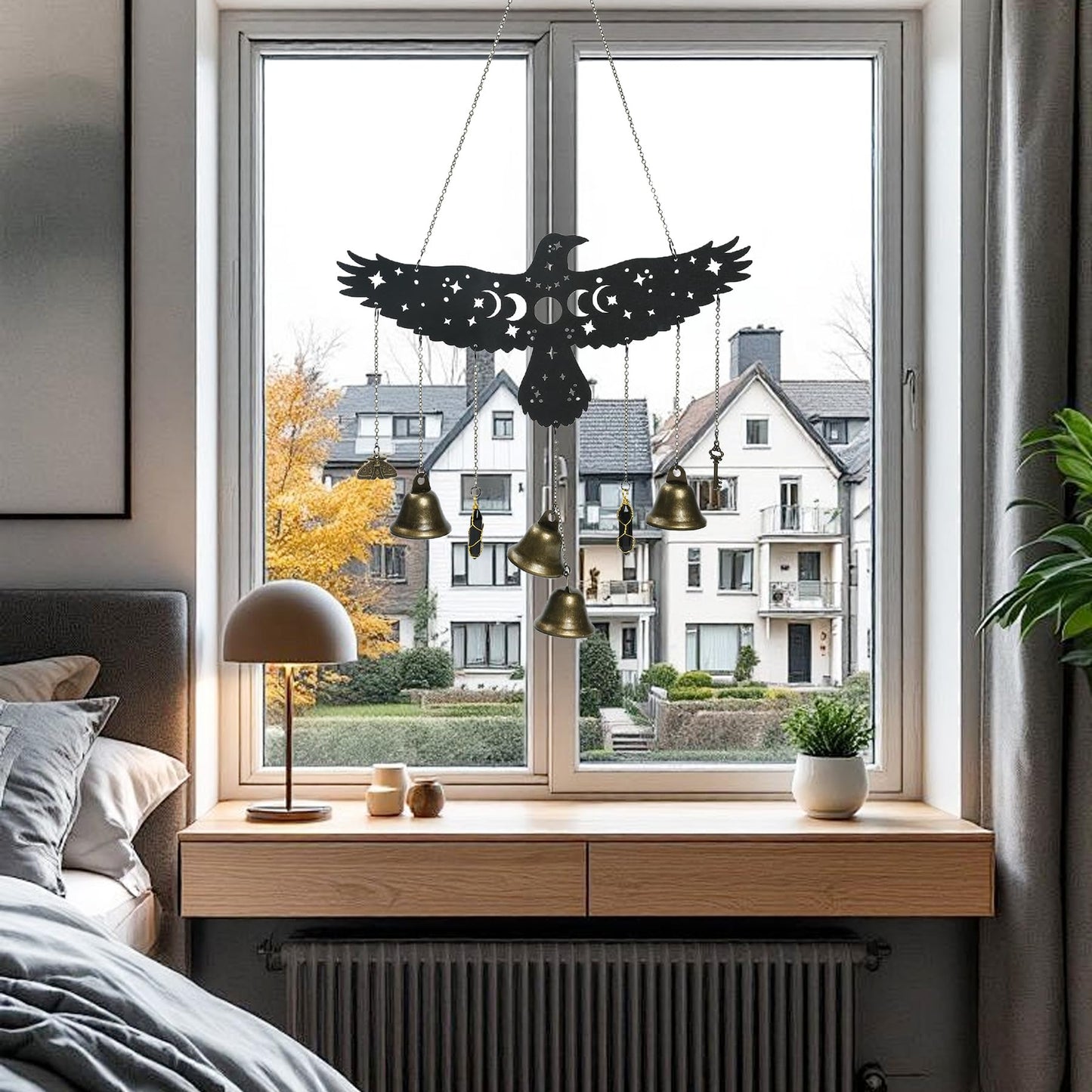 Witch Eagle Bells Wall Hanging - Witchy Home Decor with Moon Phases & Stars, Witchy Decor Aesthetic Wind Chime for Gothic Bedroom Bathroom Home Halloween Wall Decorations