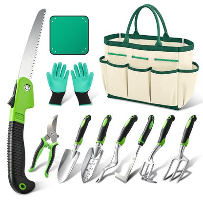 Garden Tool Set Gardening Tools - Heavy Duty Aluminum Tool Kit with Non-Slip Handle, Gardening Gloves and Tool Bag for Weeding, Planting and Pruning, Gifts for Women Mom (Green Set)