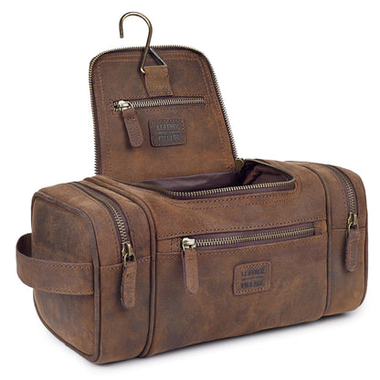 LEATHER VILLAGE Genuine Leather Travel Dopp Kit for Men & Women – Large Capacity Hanging Toiletry Bag with Water-Resistant Lining – Ideal for Travel, Grooming & Gym - Brown