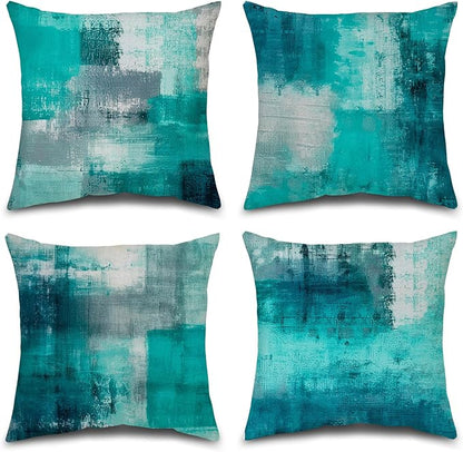 Teal and Gray Throw Pillow Covers Set of 4 18 x 18 Inches,Turquoise Modern Abstract Art Artwork Decorative Pillow Cushion Covers for Couch Bedroom Living Room