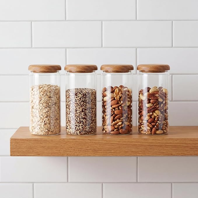 4-Pack 32 fl oz Wide Mouth Mason Jars with Spoon & Labels, Acacia Wood Lids, Press Seal, No Plastic, for Food, Snacks, Fruits, Coffee Beans, Spices & Dry Storage, Pantry Organizer.