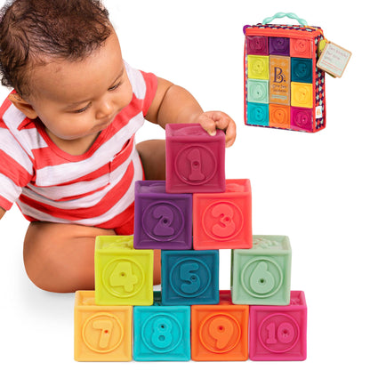 B. toys – Baby Blocks – Stacking & Building Toys for Babies – 10 Soft Blocks with Numbers, Shapes, Animals – Educational & Developmental – 6+ Months – One Two Squeeze
