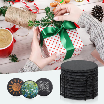 68 PCS Round Slate Drink Coasters Set, SIJDIEE 4 Inch Laser Engraving Black Slate Stone Coasters with Anti-Scratch Bottom and Coaster Holder for Office Bar Kitchen Home Dinner Table Decor Supplies