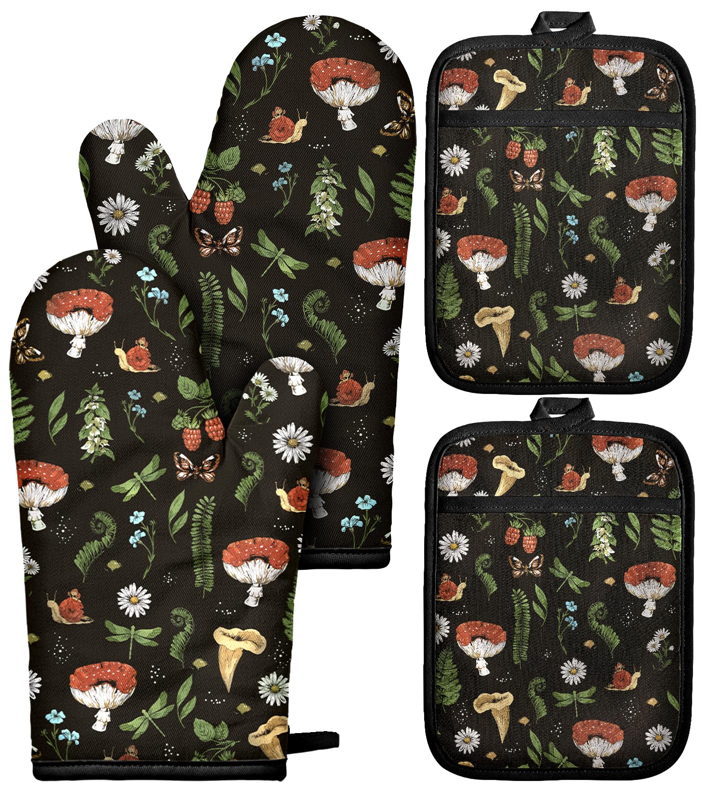 Miss Adola Cotton Oven Mitts and Pot Holders Sets - Quilted Lining Heat Resistant 4 Pieces Set with Hanging Loop Cute Farmhouse Boho Spring Kitchen Decor and Accessories, Black Mushroom