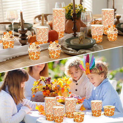 Whaline 50 Pcs Fall Pumpkin Snack Cups Watercolor Pumpkin Maple Leaves Disposable Bowls 9oz Ice Cream Dessert Treat Paper Bowls for Autumn Harvest Thanksgiving Party Food Supplies