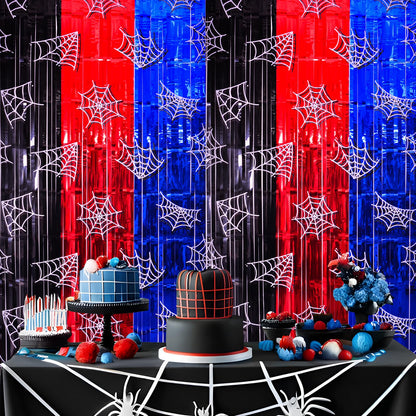 Bupelo Spider Web Birthday Decorations, 2 Pack Spider Party Supplies 3.3x6.6ft Tinsel Foil Fringe Curtains, Red Black, and Blue Photo Booth Prop Backdrop Streamer, Birthday Decor, Party Decor for Boys