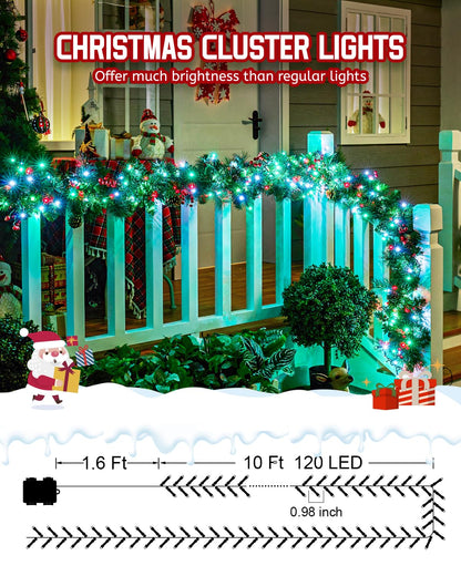 Minetom Christmas Cluster Lights, 120 LED, 10Ft, Battery Operated, Waterproof, 2 Pack, Red Green & White