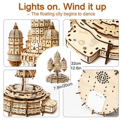 3D Wooden Puzzle for Adults – SkyCity Floating Castle Music Kit with LED Lights & Rotating Mechanism, DIY Mechanical Building Set, Hobbies Puzzle Models for Teens & Collectors