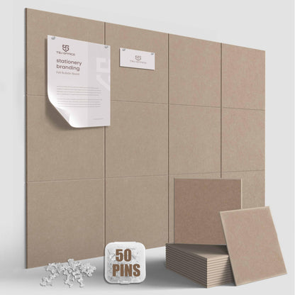 TSJOFFICE Large Cork Board for Wall - 48" x 36" Bulletin Board with 50 Pushpins for Office Decor, Pin Board 12 Pack Felt Wall Tiles with Safe Removable Adhesive Tabs, Corkboard for Home - Dark Camel