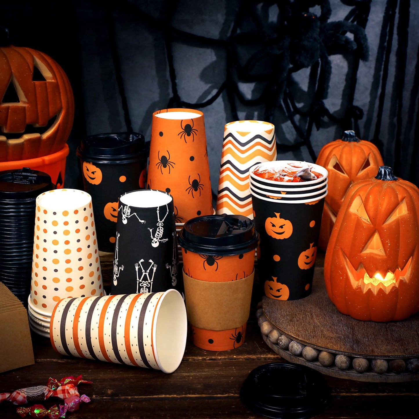 Sosation 90 Pcs/ 30 Sets Halloween Disposable Coffee Cups with Lids and Sleeves 16 oz Pumpkin Spider Skeleton Paper Cups for Hot Chocolate Beverage Tea Halloween Party Decoration