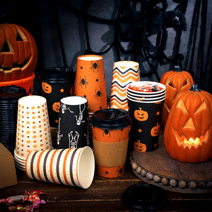 Sosation 90 Pcs/ 30 Sets Halloween Disposable Coffee Cups with Lids and Sleeves 16 oz Pumpkin Spider Skeleton Paper Cups for Hot Chocolate Beverage Tea Halloween Party Decoration