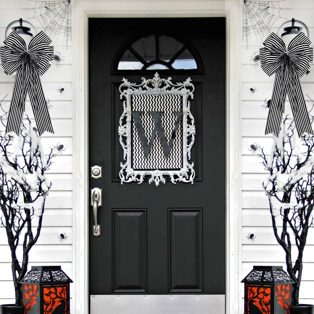 Hongsome 2 Pack Black White Stripe Halloween Fall Bows for Wreaths,12”x20”Black and White Christmas Decorations Bow for Tree Topper Gothic Spooky Holiday Birthday Party Wall Home Front Door