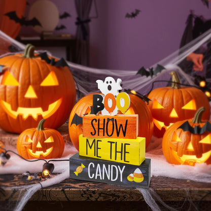 4 Pcs Halloween Wooden Tiered Tray Decor, Show Me the Candy Decorations Gifts for Home, Halloween Table Centerpiece for Fall Party Kitchen