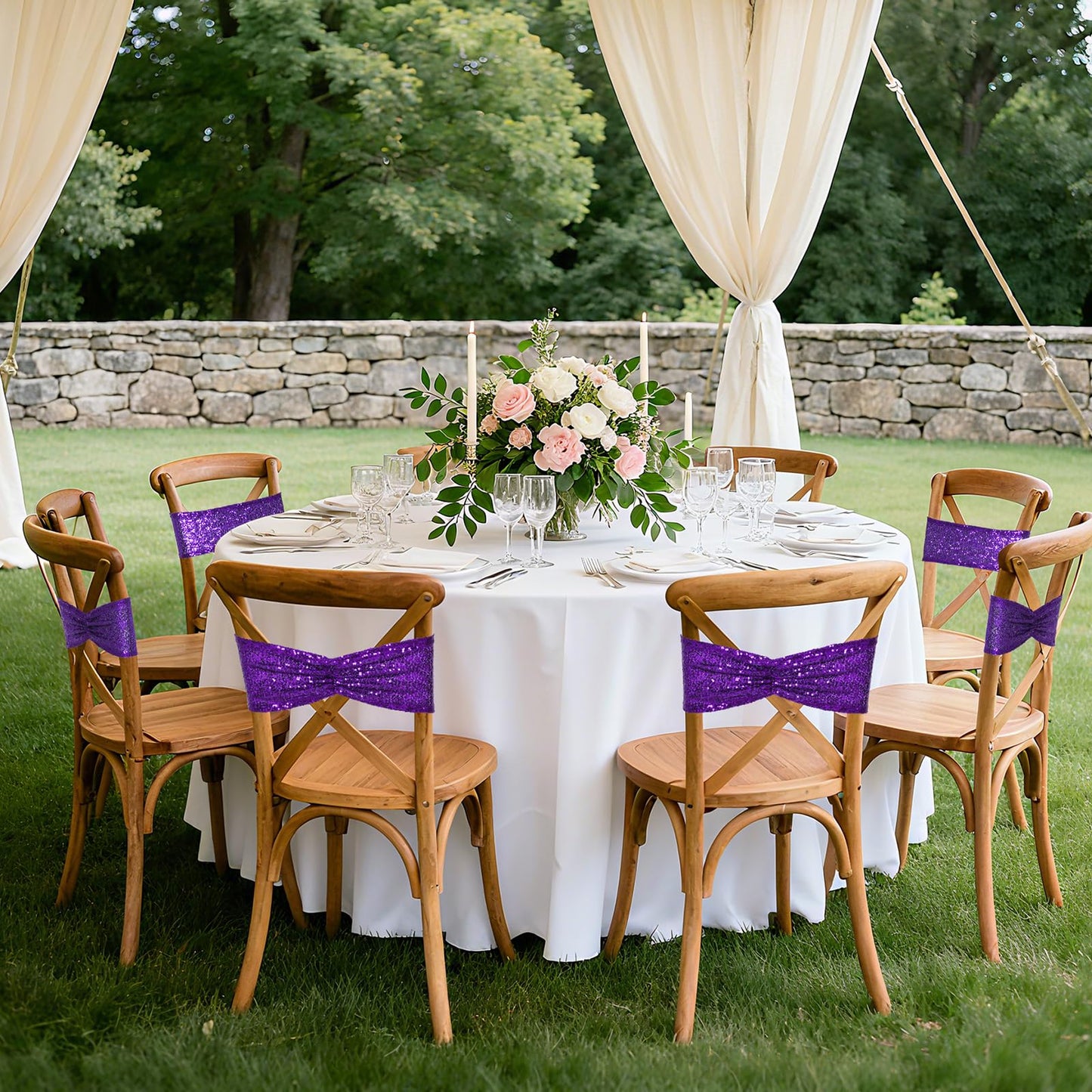 SquarePie Sequin Chair Sashes Bows 10 Pack Purple Shiny Chair Cover Bands for Wedding Banquet Party Decor
