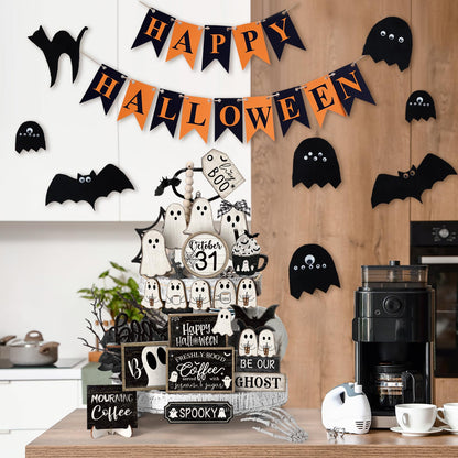 Seeloowy 19 Pcs Halloween Tiered Tray Decor Set Happy Halloween Cut Ghost Boo Wooden Signs Bat Coffee Rustic Table Decorations for Farmhouse Kitchen Shelf Party Supplies