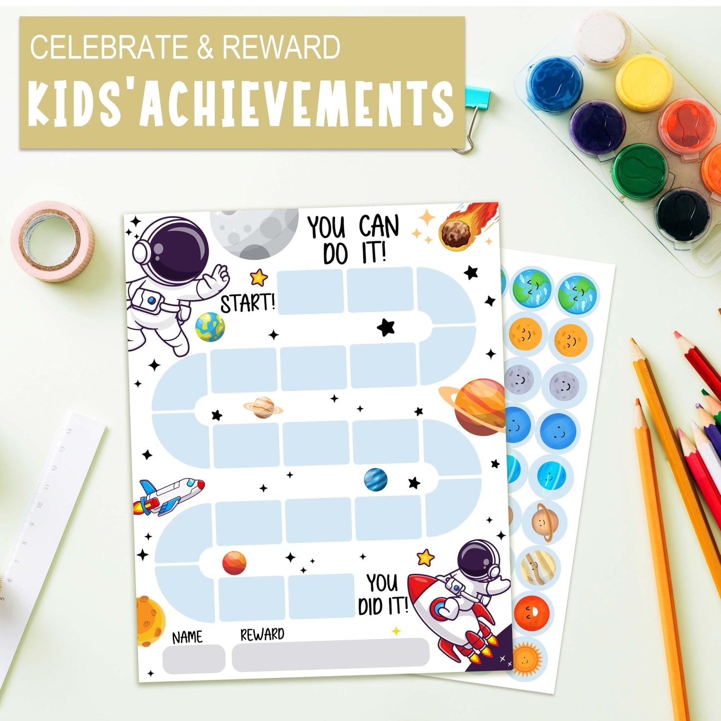 10 Outer Space Astronaut Reward Chart with 216 Round Stickers, Incentive Behavior Chart for Kids at Home Classroom, Kids Routine Daily Chore Sticker Chart-A18