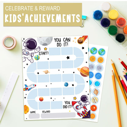 10 Outer Space Astronaut Reward Chart with 216 Round Stickers, Incentive Behavior Chart for Kids at Home Classroom, Kids Routine Daily Chore Sticker Chart-A18