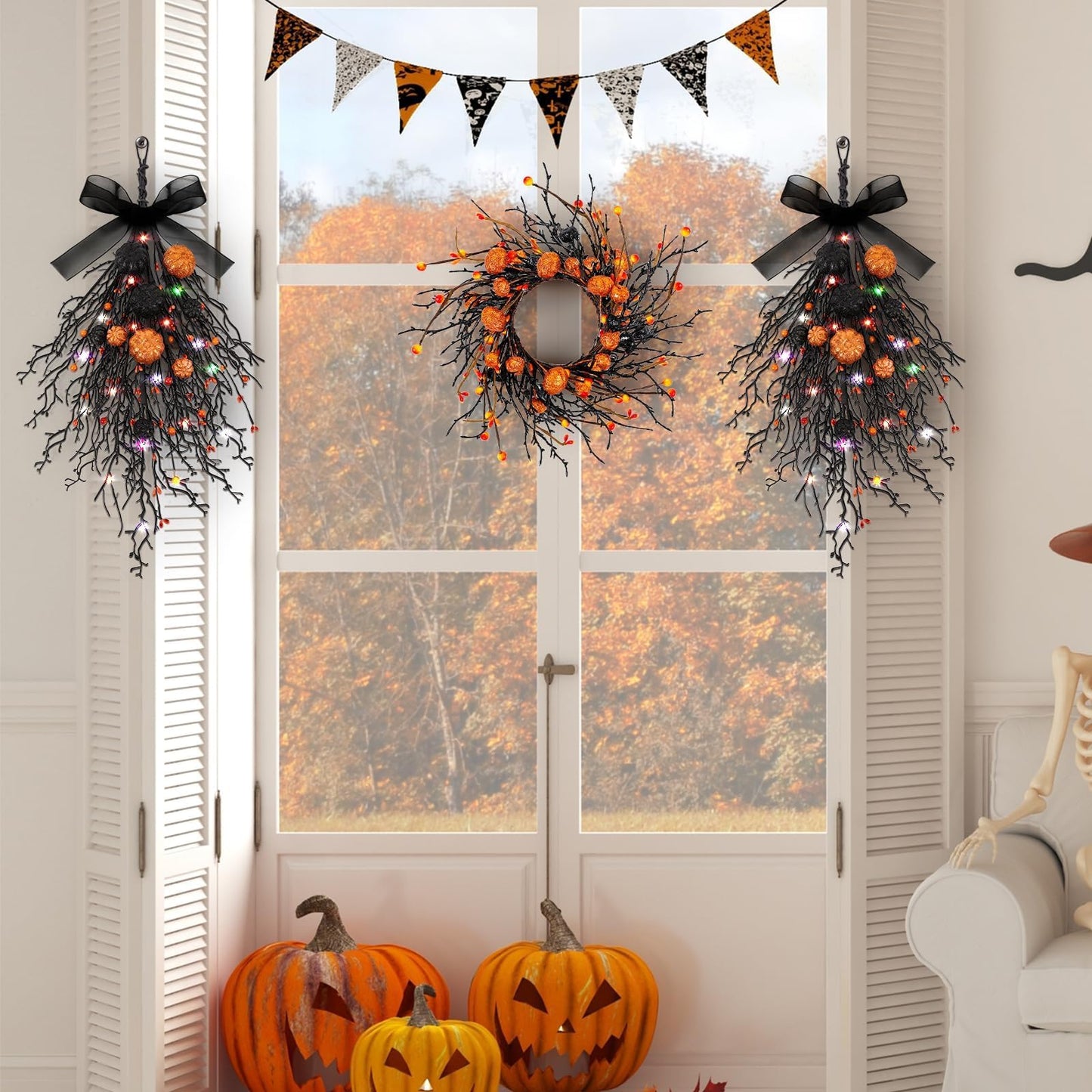 2 PCS Halloween Wreaths Halloween Floral Teardrop Swags Hanging Swag Plants Black Garland with Pumpkin Berries and 9.8ft Lights for Indoor Outdoor Party Wall Home Room Fireplace Porch Window Decor