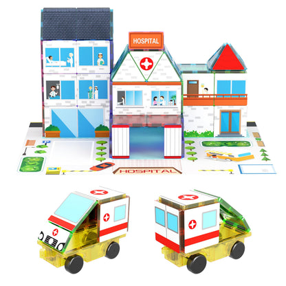 PicassoTiles 3-in-1 Theme Set School Hospital Police Station Magnet Self Adhesive Backing Stick-On Sheet Combo w/Car Magnet Building Block Playset STEM Learning Construction Brain Development Kit