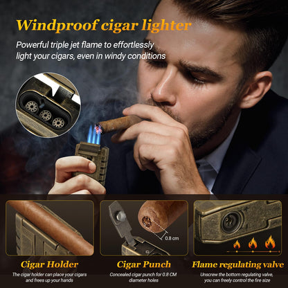 SEMKONT Travel Cigar Humidor, Portable Cedar Wood Lined Cigar Box, Waterproof Anti Pressure Sealed Cigar Storage Case, With Humidifier and Cigar Lighter Set, Can Holds 6 Cigars(Butane Not Included)
