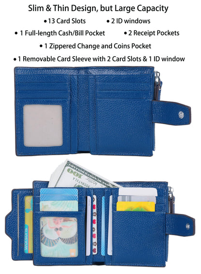 AINIMOER Women's RFID Blocking Leather Bi-fold Wallet, Lichee Blue