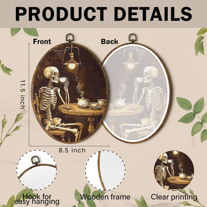 EGVQK Vingate Halloween Skeleton Oval Wall Art Decor, Spooky Gothic Skull Framed Canvas Prints Wall Art, Dark Academia Oval Canvas Hanging Decor for Coffee Bar Halloween Decoration Indoor, 8.5x11.5in