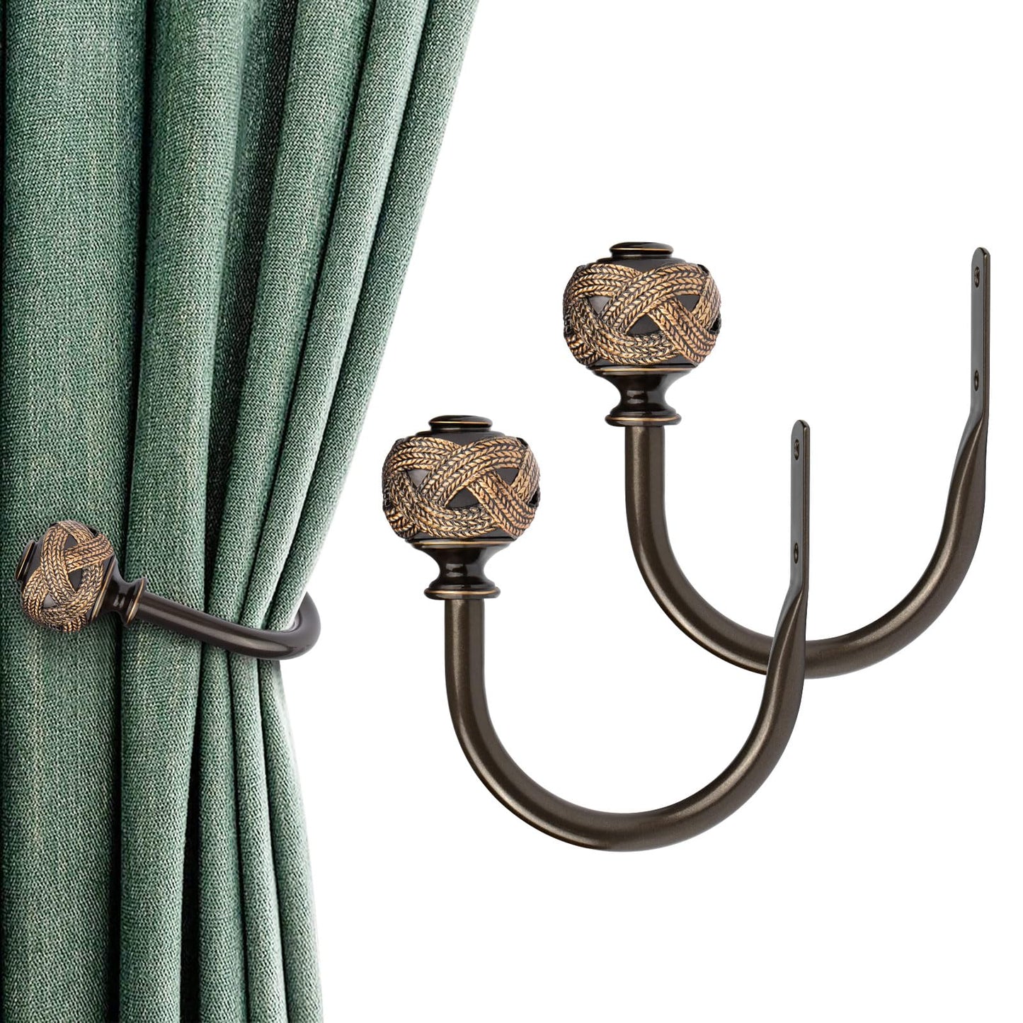 USFOOK 2 Pack Bronze Curtain Holdbacks, Decorative Window Drapery Tiebacks (2 Pack/1 Pair), Curtain Tie Back Hooks for Wall with Leaf Finials (3.95" L x 3.4" W)