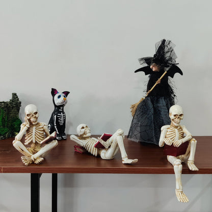3 Psc Reading Skeleton Statue Gothic Horror Decor for Bookshelf and Desk Resin Figurine Halloween Decoration