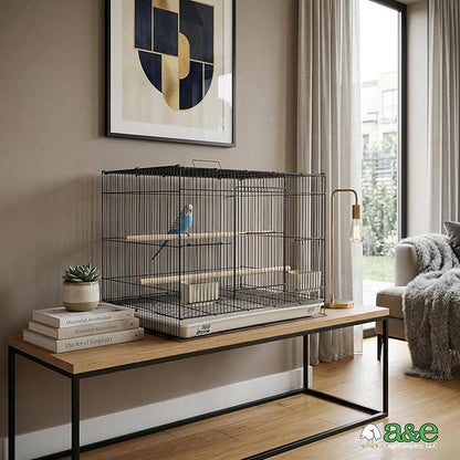 A&E Cage Co 503 Flight Cage – 24"x16"x16" Small Bird Cage with Slide-Out Tray, Wood Perch, Dual Feeding Stations & Carry Handle – Black Powder Coated Cage for Finches, Canaries & Small Birds
