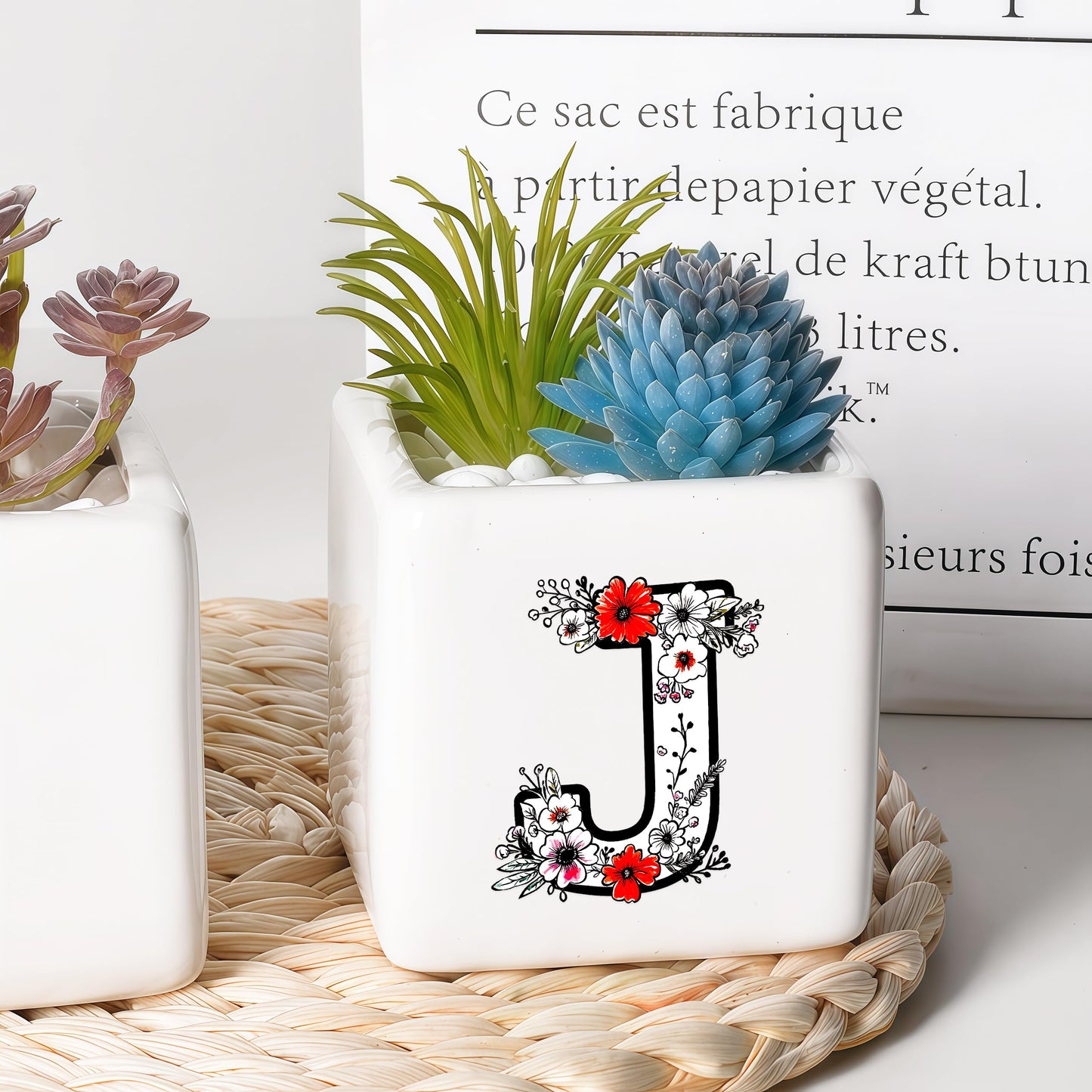 BJDAMAI Succulent Planter Flower Plant Pot Small, Personalized Cute Cool Novelty Mini Practical Trendy Tiny Artsy Western Country Gifts (Letter J)
