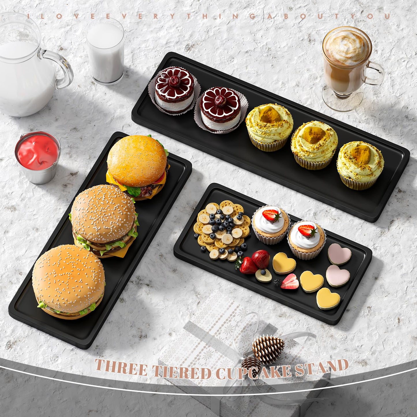 3 Tier Serving Tray Cupcake Stand and Towers Serving Tray for Party Food Tray Farmhouse Serving Platter Decorative Tray Decor Dessert Display Set Tiered Tray Stand (Black)
