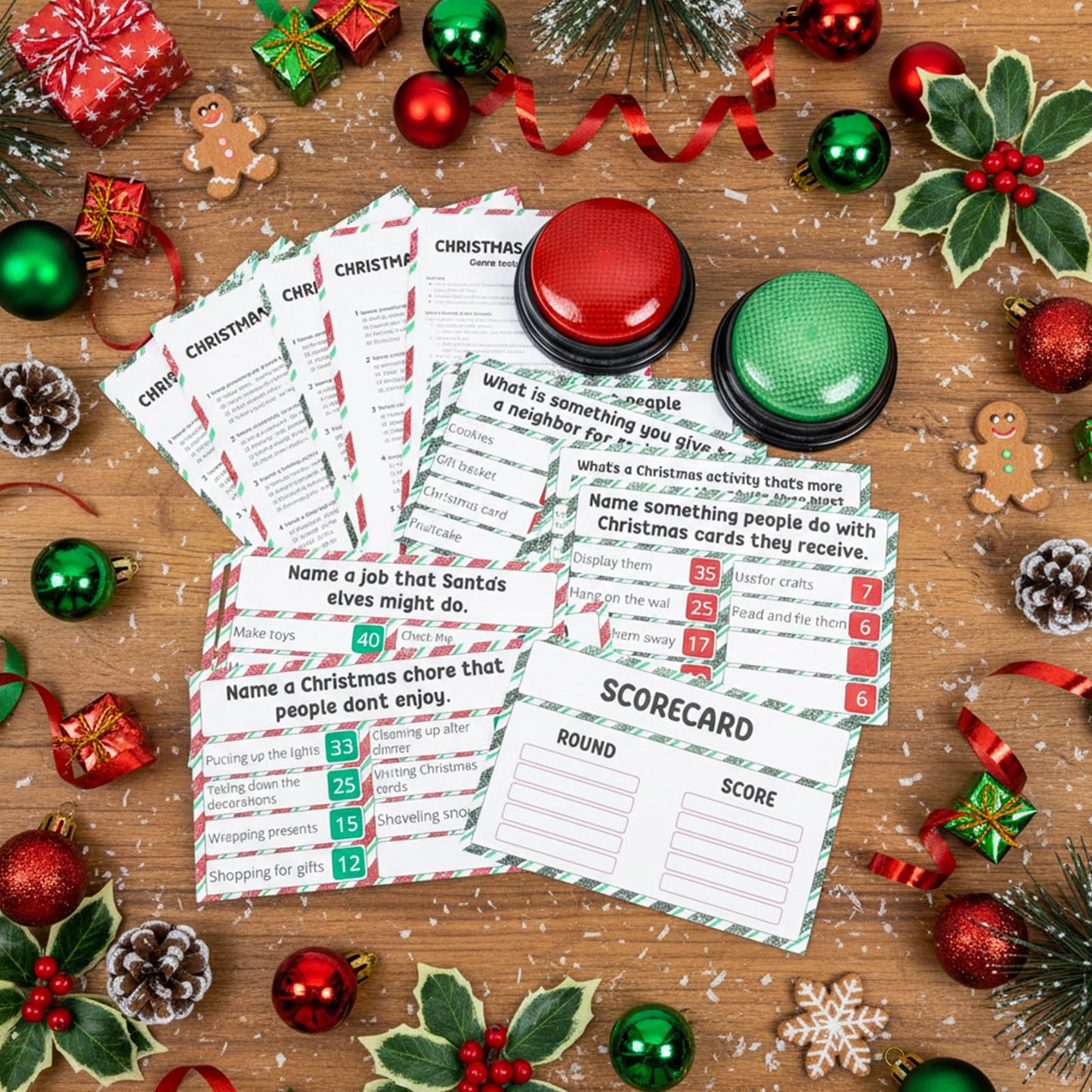 Humyoun Christmas Friendly Feud Game with 2 Answer Buzzers, Holiday Feud Cards for Family Game Night Fun Trivia Quiz for Xmas Party Office Class Groups Team Building