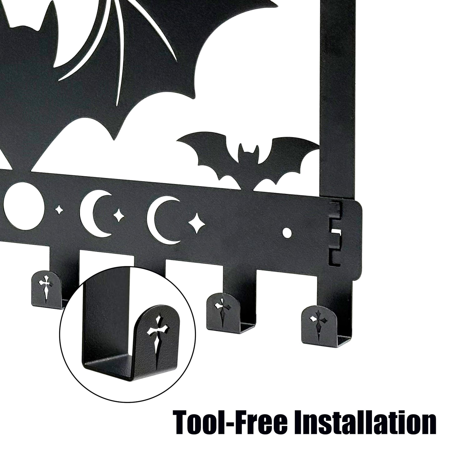 Gothic Bat Over The Door Hooks - 8-Hook Set with Moon Phase & Cross Design for Halloween Spooky Bathroom Decor | Metal Towel Hanger for Goth Home Accessories | Halloween Gothic Wall Organizer