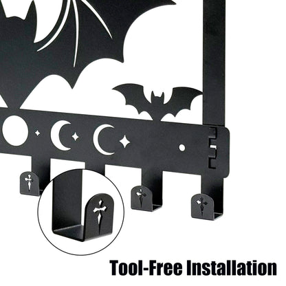 Gothic Bat Over The Door Hooks - 8-Hook Set with Moon Phase & Cross Design for Halloween Spooky Bathroom Decor | Metal Towel Hanger for Goth Home Accessories | Halloween Gothic Wall Organizer