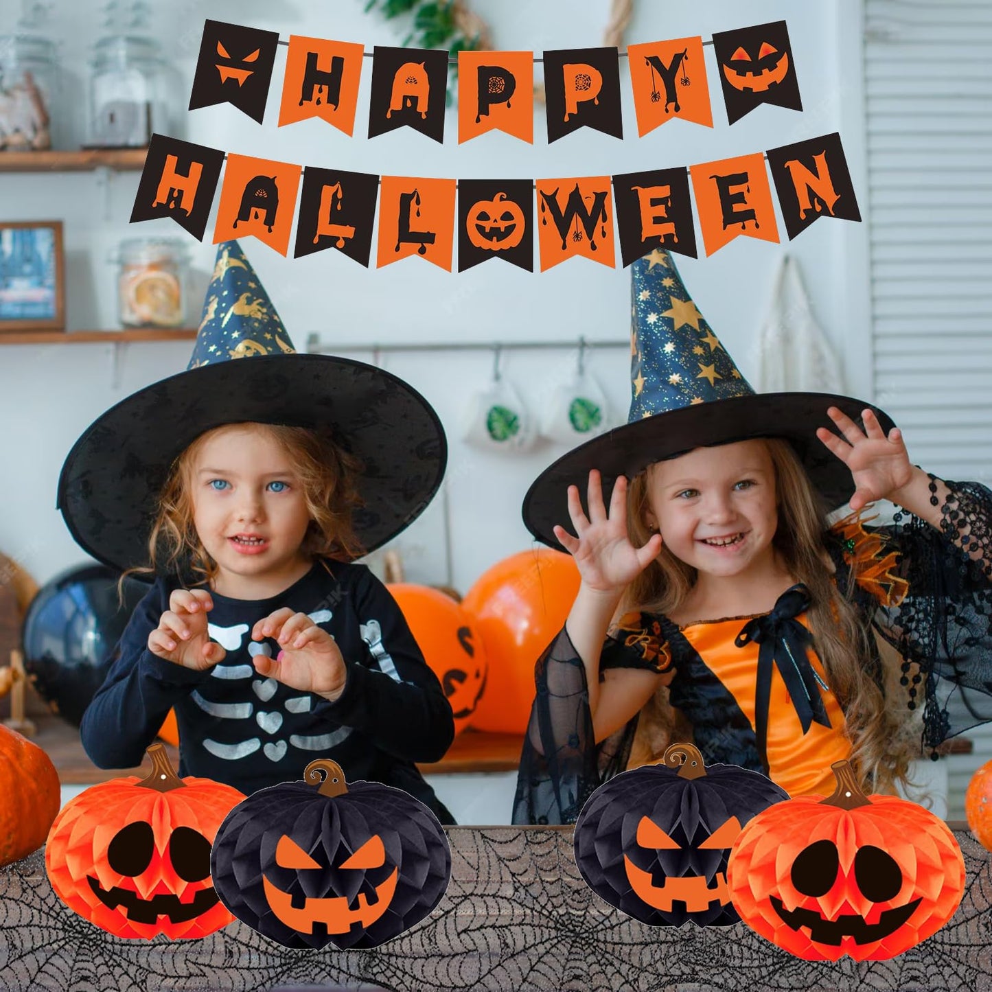 Halloween Party Decorations Indoor Kit with Paper Honeycomb Balls & fans, Fireplace Mantel Scarf, Spiderweb Table Runner, Banner, 48 Pcs Scary Bat Sticker for Halloween Spooky Home Decor