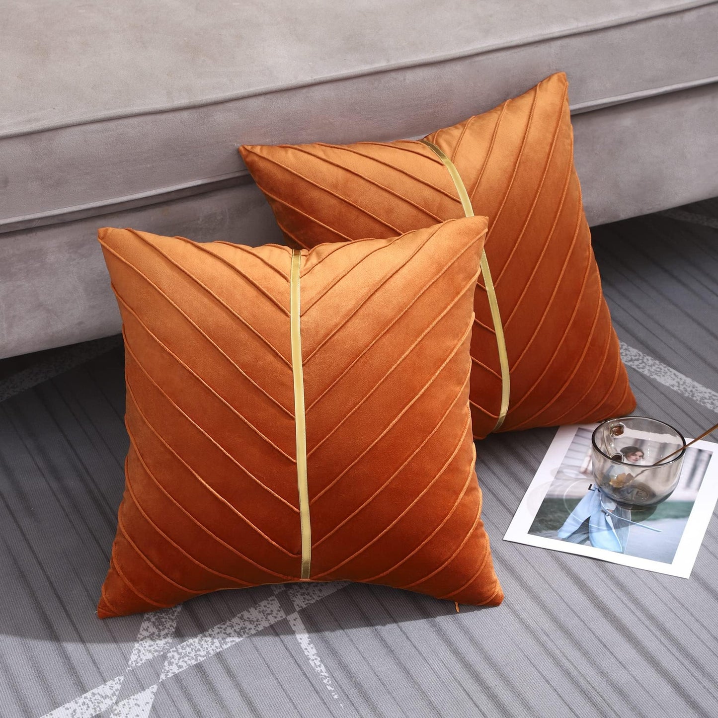 Tosleo Burnt Orange Velvet Throw Pillow Covers 16x16 Pack of 2 with Gold Leather Christmas Decorative Couch Pillowcases Luxury Modern Soft Pillow Cover for Fall Autumn Halloween Thanksgiving Decor