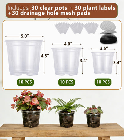 RZOIKZOI 30-Pack Clear Nursery Pots with Drainage Holes (3.5/4/5 Inch) – Transparent Plastic Plant Pots with 30 Labels, Assorted Sizes for Seed Starting, Succulents, Indoor and Outdoor Use