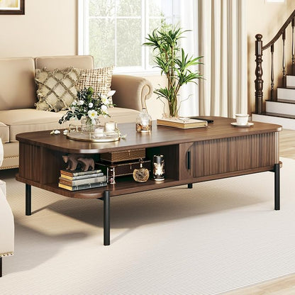 Coffee Table, 47.2" Mid Century Modern Coffee Tables for Living Room, Coffee Table with Storage Open Shelf, Fluted Table with Sliding Cabinet Door, 2-Tier Rustic Wood Desktop, Walnut