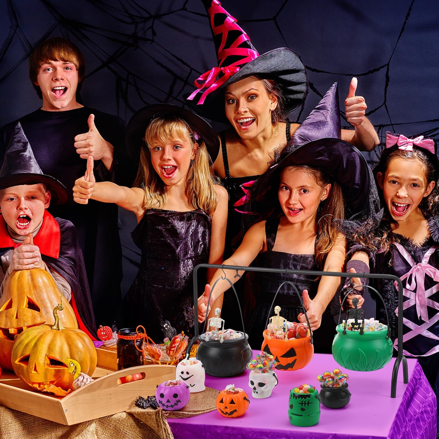 Capoda 12 Pcs Halloween Cauldrons Serving Bowl Decor Set Include 3 Plastic Witch Cauldrons Rack and 6 Mini Halloween Candy Bucket Punch Bowls and 3 Skeletons for Home Decor Witch Party Supplies